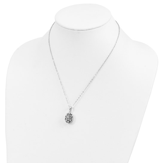 Sterling Silver CZ Antiqued Flower Ash Holder 18in Necklace