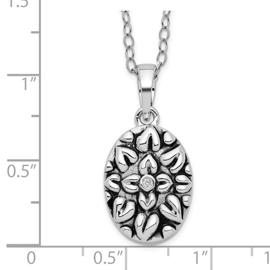 Sterling Silver CZ Antiqued Flower Ash Holder 18in Necklace