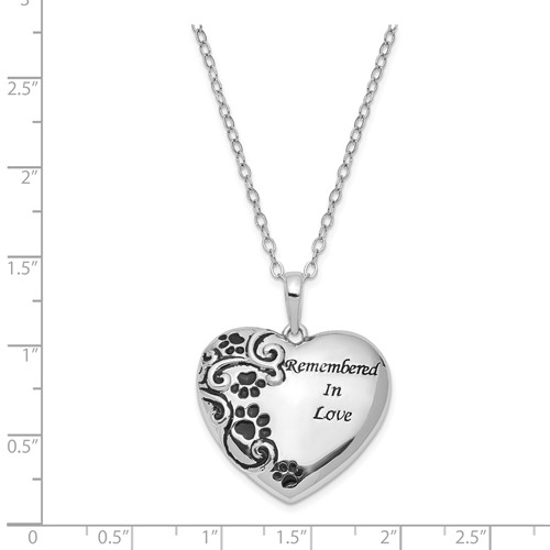 Sterling Silver Remembered in Love Paw Print Heart Urn