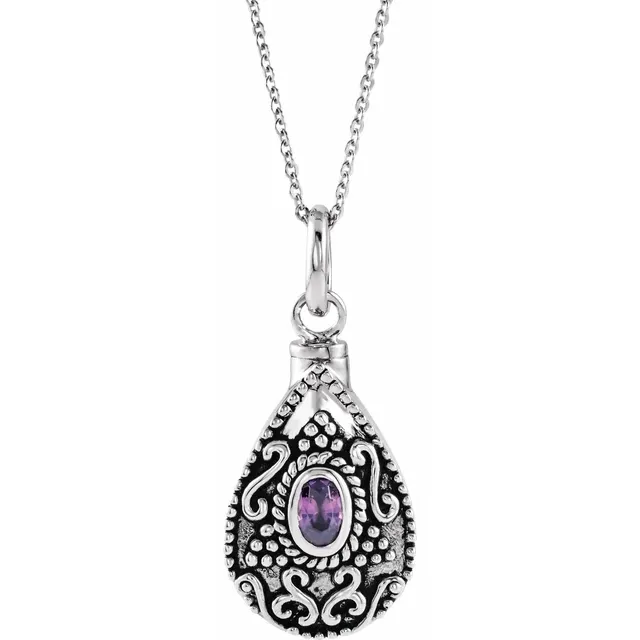 Birthstone February Cremation Necklace | Sterling Silver Ash Holder Necklace