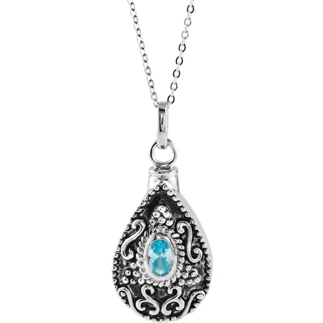 Birthstone March Cremation Necklace | Sterling Silver Ash Holder Necklace